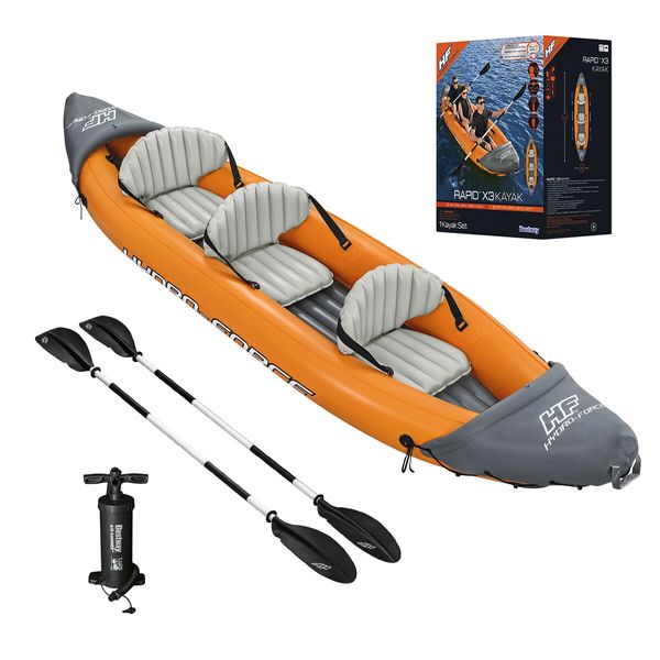 Bestway 3 Man Inflatable Kayak Blow Up Boat Kayaking Water Sport Paddling Raft Canoe Fishing Three Person Seater with Paddles Hand Pump Carry Bag