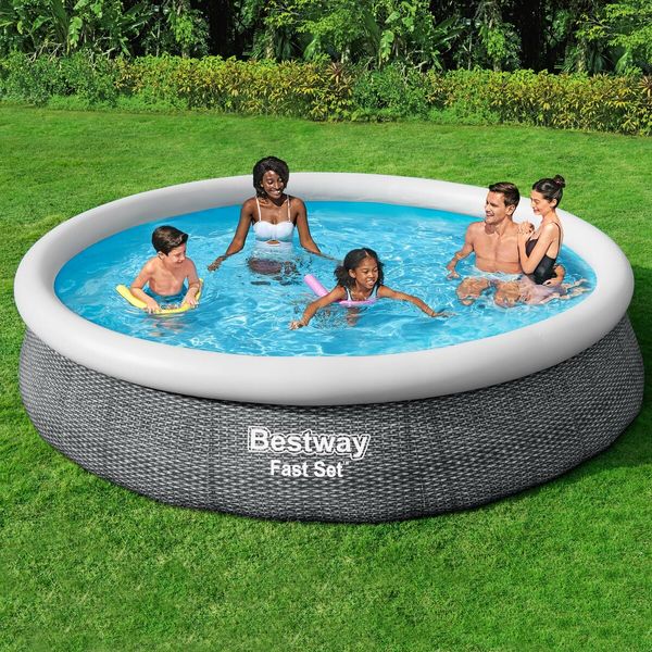 Bestway Fast Set Pool 3.66mx76cm Inflatable Above Ground Swimming Filter Pump Outdoor Round Rattan 12ftx30in Family Kids Adults Water Play Party