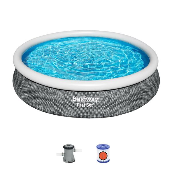 Bestway Fast Set Pool 3.66mx76cm Inflatable Above Ground Swimming Filter Pump Outdoor Round Rattan 12ftx30in Family Kids Adults Water Play Party