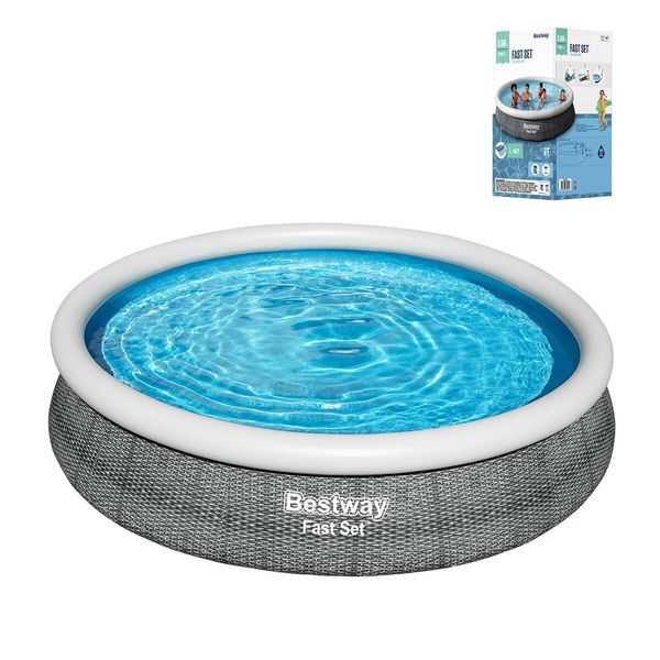 Bestway Fast Set Pool 3.66mx76cm Inflatable Above Ground Swimming Filter Pump Outdoor Round Rattan 12ftx30in Family Kids Adults Water Play Party