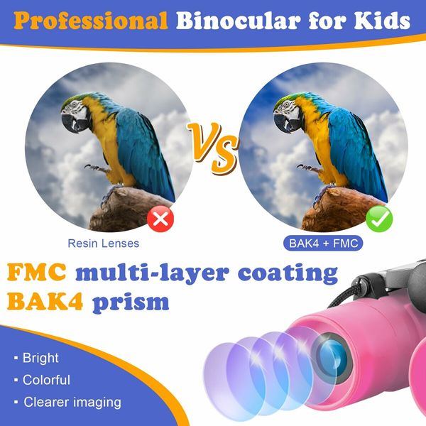 Real Binoculars for Kids 8x21 High-Resolution Optics Compact Toy Binocular for Bird Watching Travel Camping(Pink)