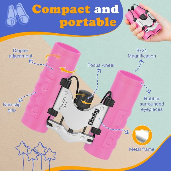 Real Binoculars for Kids 8x21 High-Resolution Optics Compact Toy Binocular for Bird Watching Travel Camping(Pink)