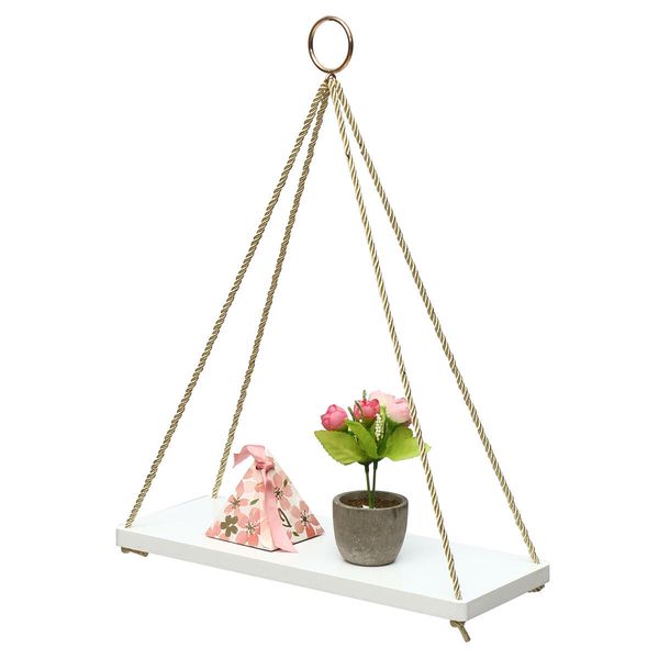 35cm Single Layer Wooden Rope Hanging Wall Shelf Vintage Floating Storage Rack Wall Mount Bookshelf Home Decorations Stand White