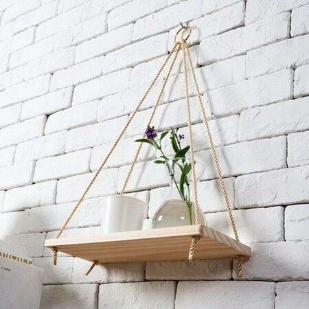 35cm Single Layer Wooden Rope Hanging Wall Shelf Vintage Floating Storage Rack Wall Mount Bookshelf Home Decorations Stand White