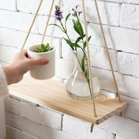 35cm Single Layer Wooden Rope Hanging Wall Shelf Vintage Floating Storage Rack Wall Mount Bookshelf Home Decorations Stand White