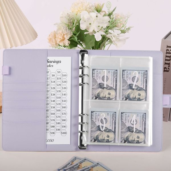 100 Envelopes Challenge Binder,A5 Money Saving Budget Binder with Cash Envelopes - Savings Challenges Book to Save 5,050 Dollars (Purple)