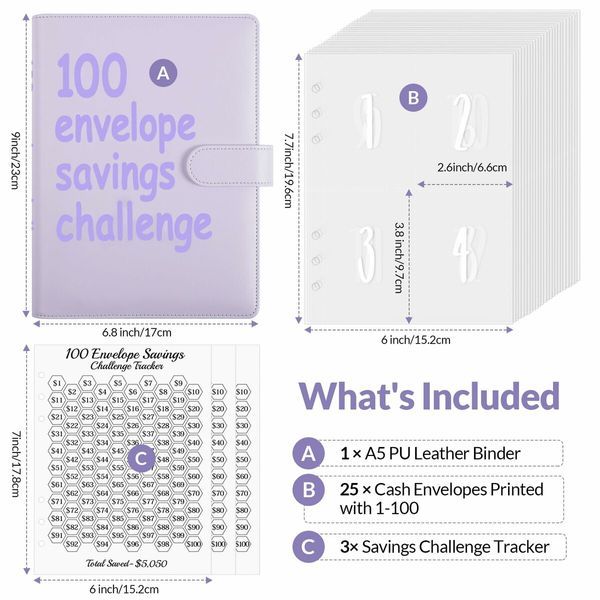 100 Envelopes Challenge Binder,A5 Money Saving Budget Binder with Cash Envelopes - Savings Challenges Book to Save 5,050 Dollars (Purple)