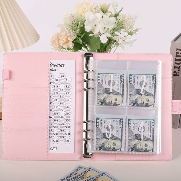 100 Envelopes Challenge Binder,A5 Money Saving Budget Binder with Cash Envelopes - Savings Challenges Book to Save 5,050 Dollars (Pink)