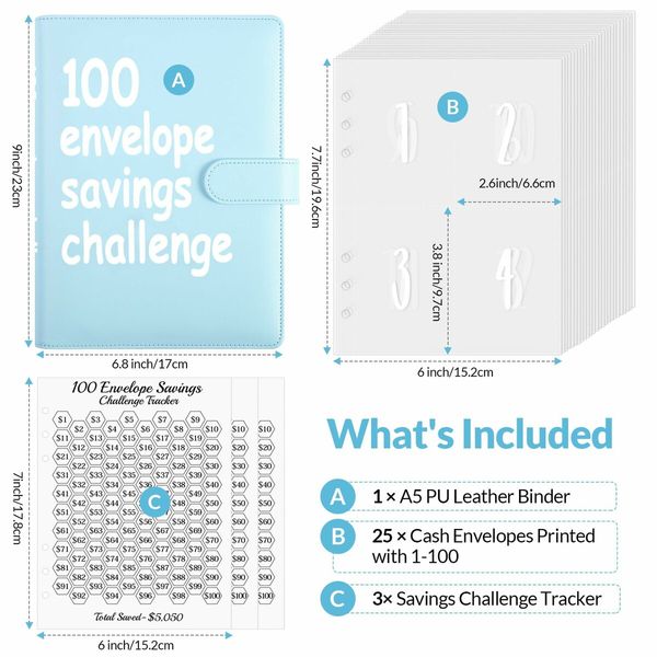 100 Envelopes Challenge Binder,A5 Money Saving Budget Binder with Cash Envelopes - Savings Challenges Book to Save 5,050 Dollars (Blue)