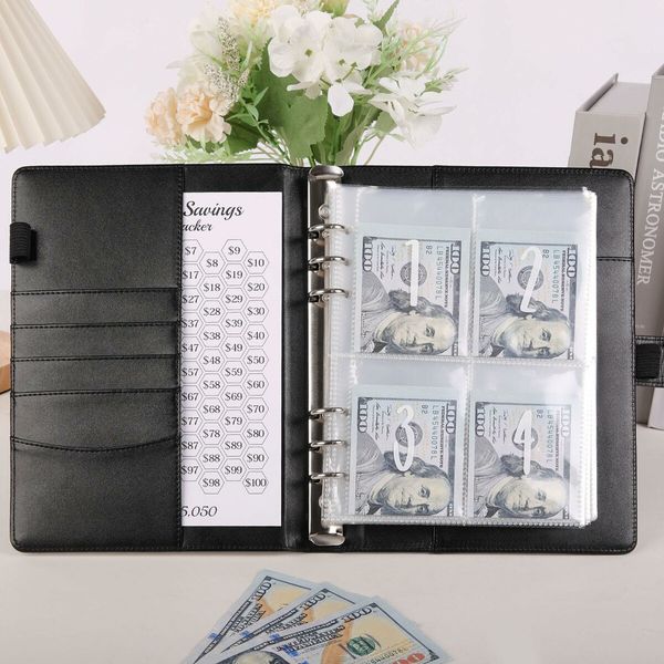 100 Envelopes Challenge Binder,A5 Money Saving Budget Binder with Cash Envelopes - Savings Challenges Book to Save 5,050 Dollars (Black)