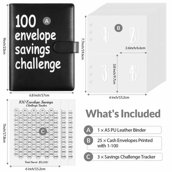 100 Envelopes Challenge Binder,A5 Money Saving Budget Binder with Cash Envelopes - Savings Challenges Book to Save 5,050 Dollars (Black)