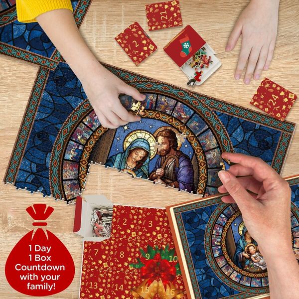 Jigsaw Puzzle Advent Calendar Nativity puzzles for adults 1000 pieces,Christmas Countdown jigsaw Puzzles,Stained Glass Religous Puzzle Jesus Christian Puzzles for Home Decor