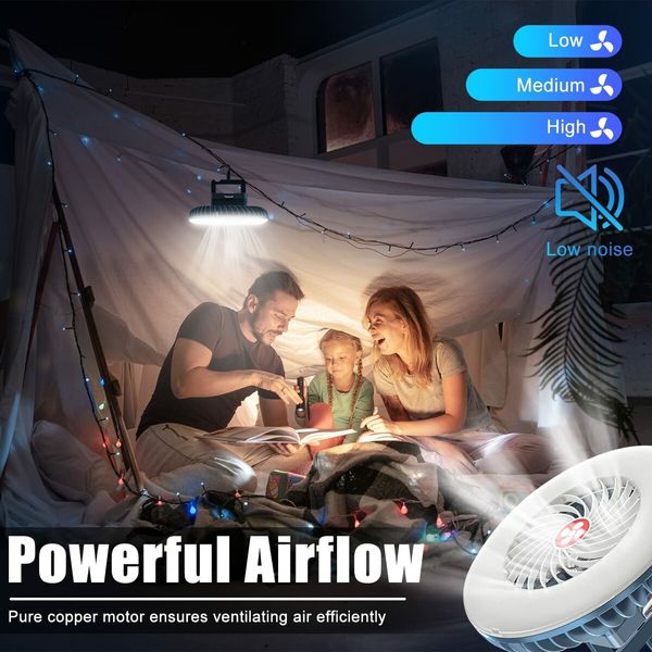 Portable Camping Fan with LED Lantern USB Rechargeable Waterproof Tent Fan with Hanging Hook Magnet Survival Kits for Indoor Outdoor Hiking Car