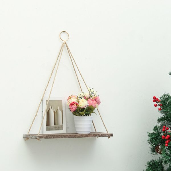 1/2/3 Tiers Wall Mounted Storage Holder Wooden Hanging Rope Shelf Floating Rack1  Layer