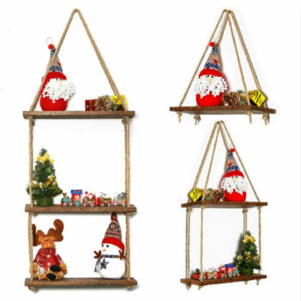 1/2/3 Tiers Wall Mounted Storage Holder Wooden Hanging Rope Shelf Floating Rack1  Layer