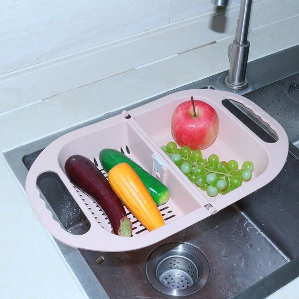 BOQUN Foldable Drain Rack Vegetable Fruit Washing Basket Strainer Colander Kitchen SinkPink