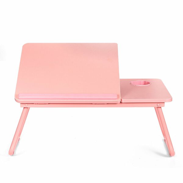 Liftable Folding Computer Desk Laptop Stand 4 Heights Adjustable with Cup Holder Lap Bed Table Tray Breakfast TablePink