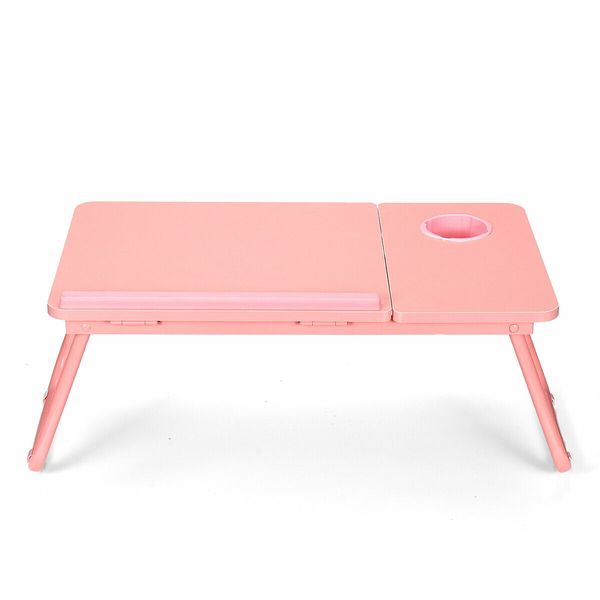 Liftable Folding Computer Desk Laptop Stand 4 Heights Adjustable with Cup Holder Lap Bed Table Tray Breakfast TablePink