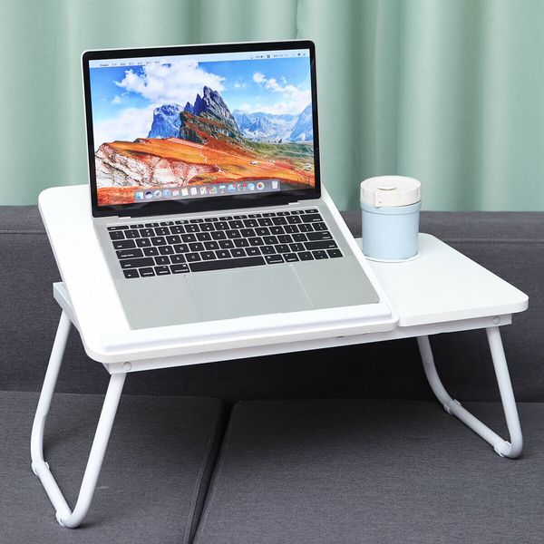 Liftable Folding Computer Desk Laptop Stand 4 Heights Adjustable with Cup Holder Lap Bed Table Tray Breakfast TablePink