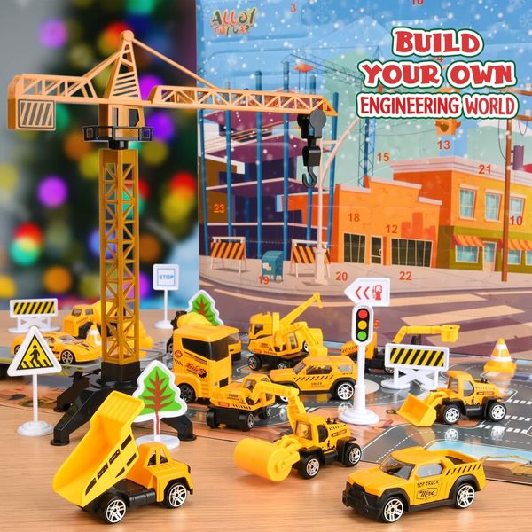 Christmas Advent Calendar for Kids Boys,Toys for Age3+ Year Old Boys Girls 24 Days Countdown Calendar with Alloy Construction Engineering Vehicle Toy Sets Xmas Gifts Stocking Stuffer for Boys Ages 3+