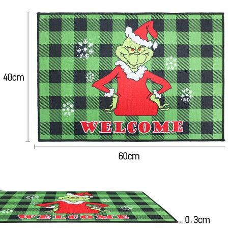 Christmas Doormat Grinch Christmas Doormat Plaid Doormat Anti-Slip Washable Winter Doormat(Green)