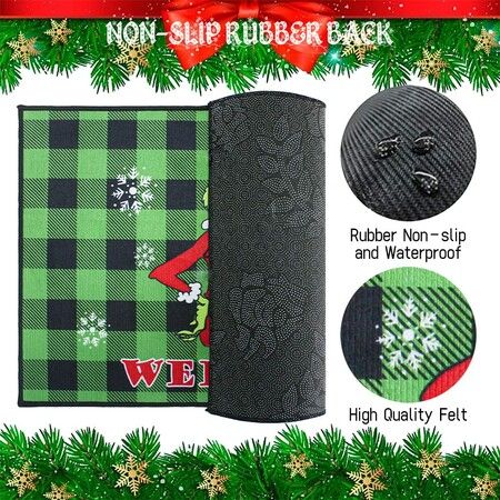 Christmas Doormat Grinch Christmas Doormat Plaid Doormat Anti-Slip Washable Winter Doormat(Green)