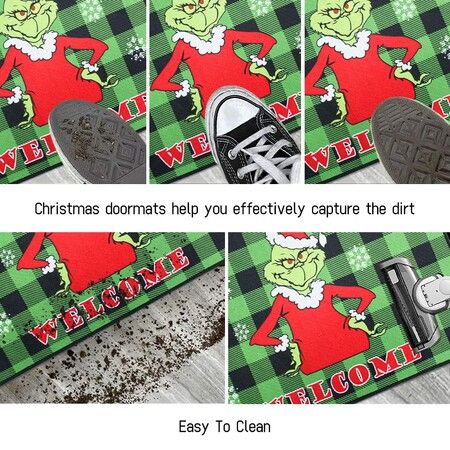Christmas Doormat Grinch Christmas Doormat Plaid Doormat Anti-Slip Washable Winter Doormat(Green)