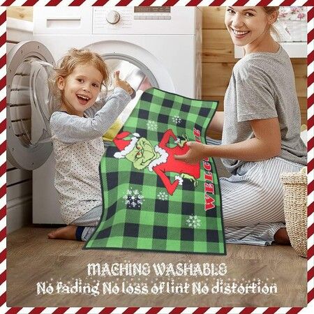 Christmas Doormat Grinch Christmas Doormat Plaid Doormat Anti-Slip Washable Winter Doormat(Green)