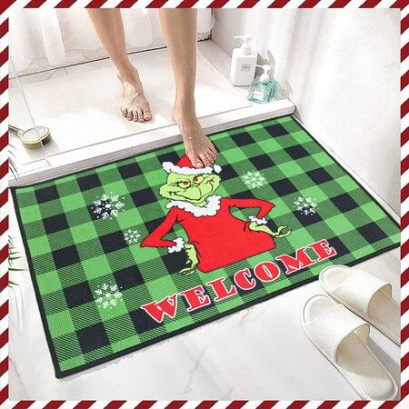 Christmas Doormat Grinch Christmas Doormat Plaid Doormat Anti-Slip Washable Winter Doormat(Green)