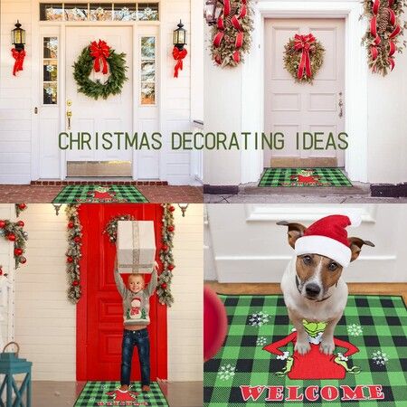 Christmas Doormat Grinch Christmas Doormat Plaid Doormat Anti-Slip Washable Winter Doormat(Green)