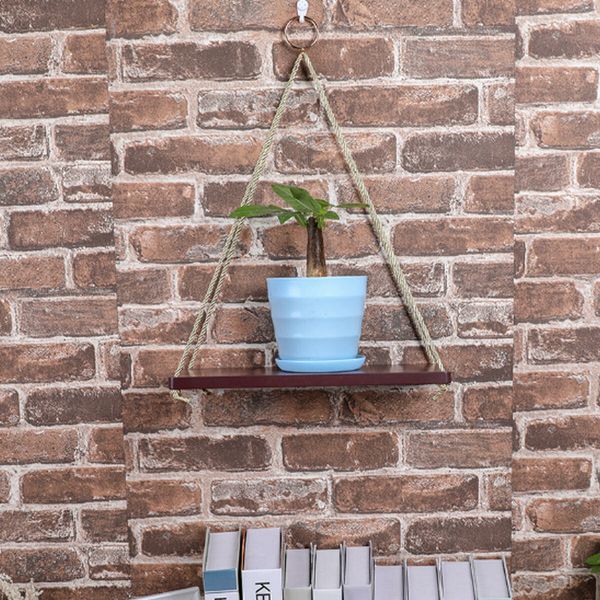 35cm Single Layer Solid Wood Rope Hanging Wall Shelf Vintage Floating Storage Rack Wall Mount Bookshelf Home Decorations Brown