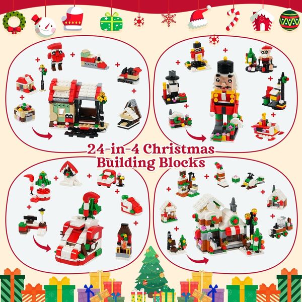 24 Days of Christmas Advent Calendar 2023,24 In 4 Christmas Building Block Stem Toys,1075 Pcs Christmas Countdown Calendar Building Sets Toys,Christmas Vacation Stocking Stuffers Gifts for Kids Age3+