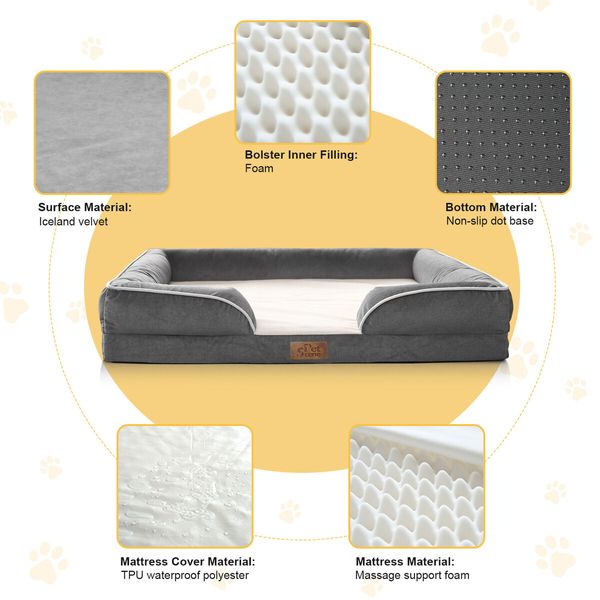 XL Dog Pet Cat Bed Sofa Calming Elevated Puppy Couch Water Resistant Warming Mattress Lounge Bedding Foam Cushion with Bolsters Removable Washable Cover