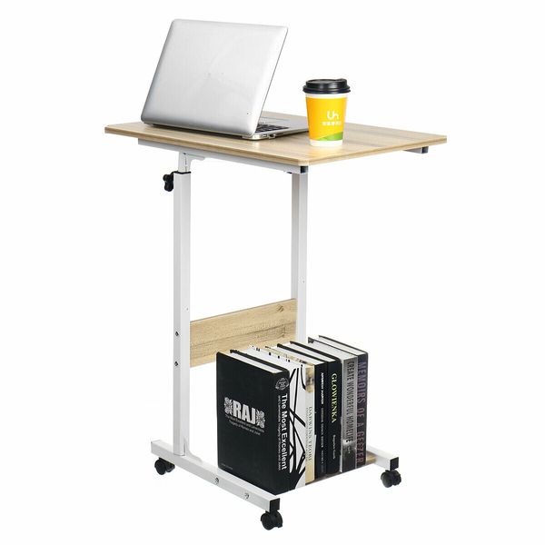 Moveable Computer Laptop Desk Height Adjustable Writing Study Table Book Storage Shelf Workstation with Wheels Warm White