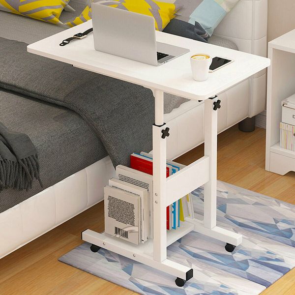 Moveable Computer Laptop Desk Height Adjustable Writing Study Table Book Storage Shelf Workstation with Wheels Warm White