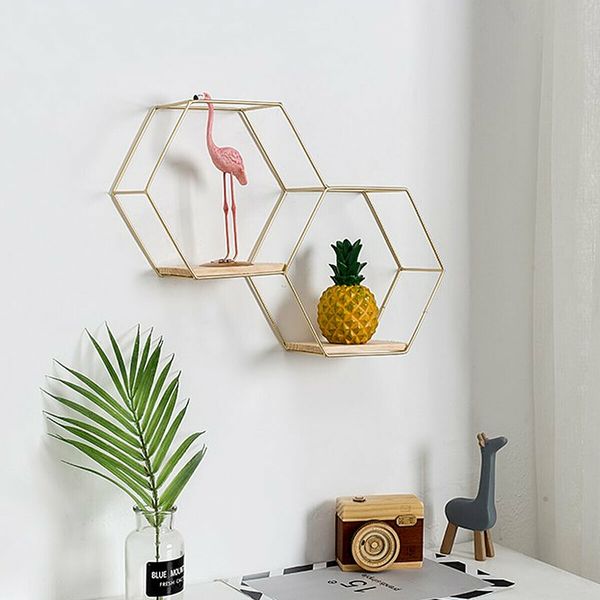 Hexagon Wall Mounted Shelf Nordic Storage Rack Bookshelf Decorations Display Stand Organizer Black