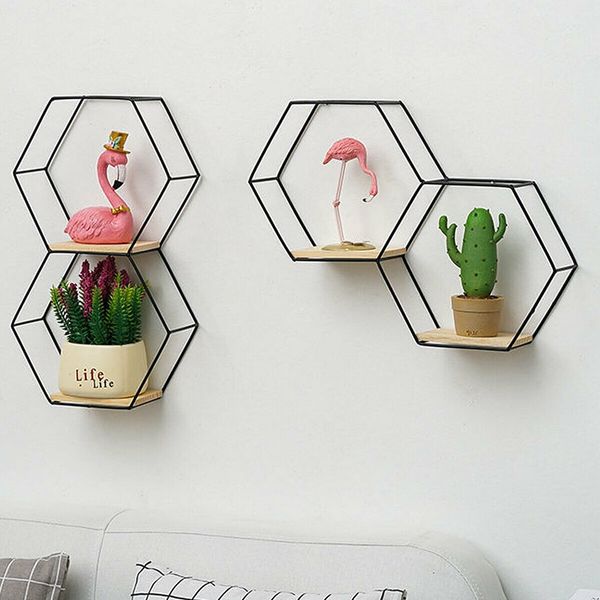 Hexagon Wall Mounted Shelf Nordic Storage Rack Bookshelf Decorations Display Stand Organizer Black