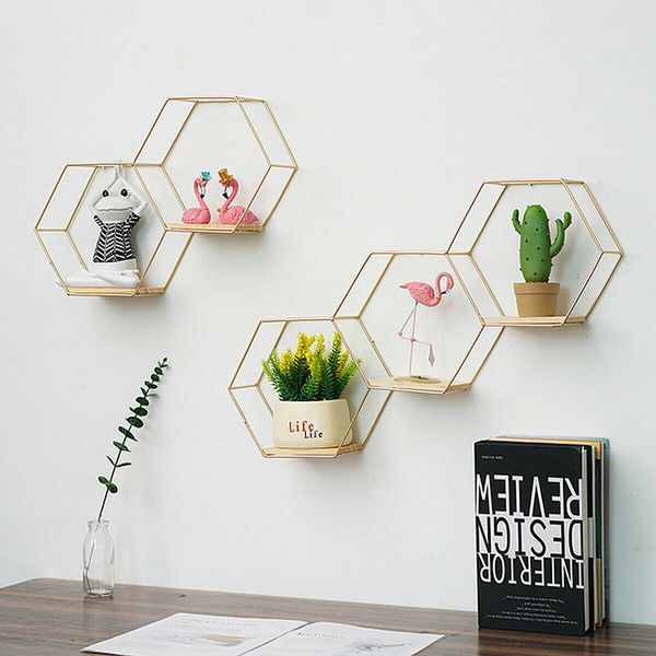 Hexagon Wall Mounted Shelf Nordic Storage Rack Bookshelf Decorations Display Stand Organizer Black