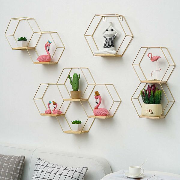 Hexagon Wall Mounted Shelf Nordic Storage Rack Bookshelf Decorations Display Stand Organizer Black