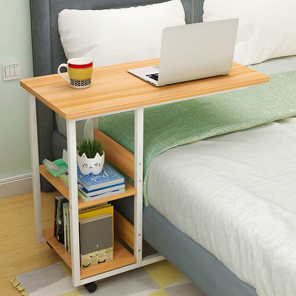 Multifunctional Movable Bedside Laptop Desk Computer Table Study Table Computer Stand with 2 Tiers Storage Shelves BookshelfWalnut