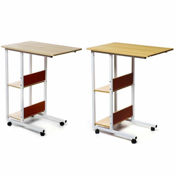 Multifunctional Movable Bedside Laptop Desk Computer Table Study Table Computer Stand with 2 Tiers Storage Shelves BookshelfWalnut