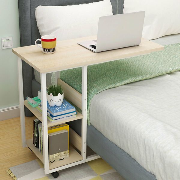 Multifunctional Movable Bedside Laptop Desk Computer Table Study Table Computer Stand with 2 Tiers Storage Shelves BookshelfMaple