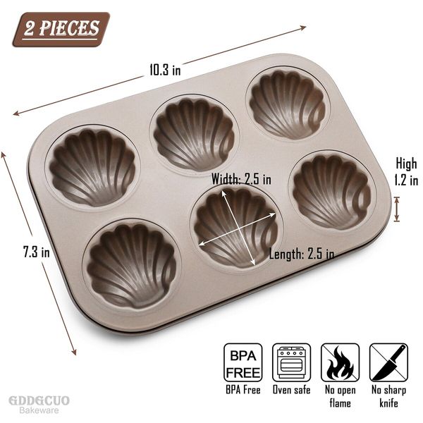 Madeleine Pans, 2 Pack Non-Stick Spherical Shell Madeleine Mold for Oven Baking, 6-Well, Champagne Gold