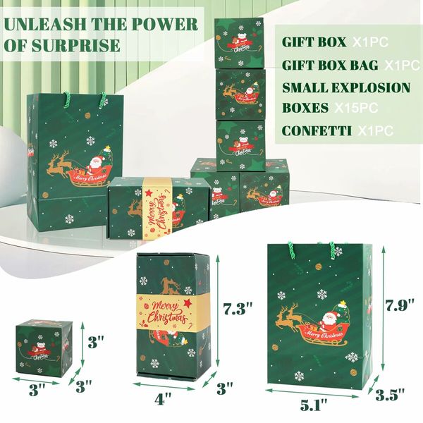 Surprise Gift Box Explosion for Money,Unique Folding Bouncing Red Envelope Gift Box with Confetti,Cash Explosion Luxury Gift Box for Birthday Anniversary Valentine Proposal (15 Bounces) (Green Christmas)