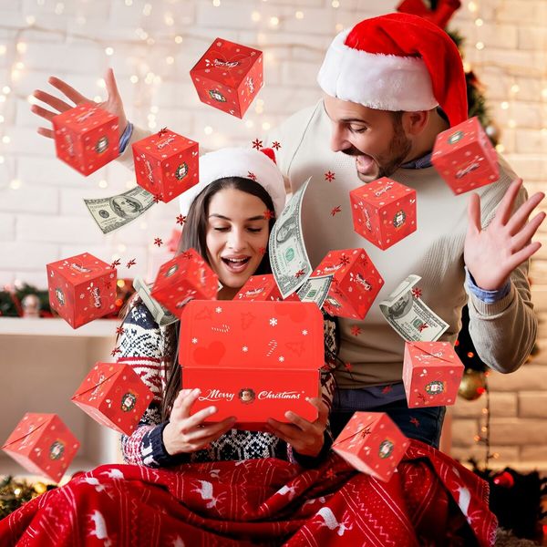 Surprise Gift Box Explosion for Money,Unique Folding Bouncing Red Envelope Gift Box with Confetti,Cash Explosion Luxury Gift Box for Birthday Anniversary Valentine Proposal (15 Bounces) (Red Christmas)