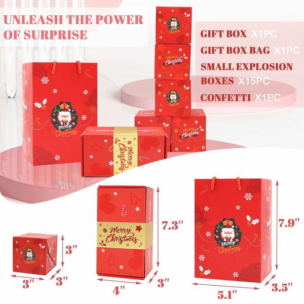 Surprise Gift Box Explosion for Money,Unique Folding Bouncing Red Envelope Gift Box with Confetti,Cash Explosion Luxury Gift Box for Birthday Anniversary Valentine Proposal (15 Bounces) (Red Christmas)