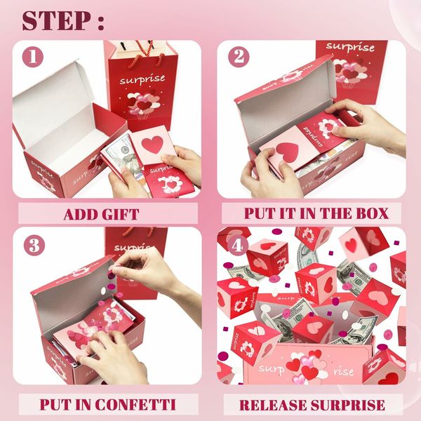 Surprise Gift Box Explosion for Money,Unique Folding Bouncing Red Envelope Gift Box with Confetti,Cash Explosion Luxury Gift Box for Birthday Anniversary Valentine Proposal (15 Bounces,Pink)