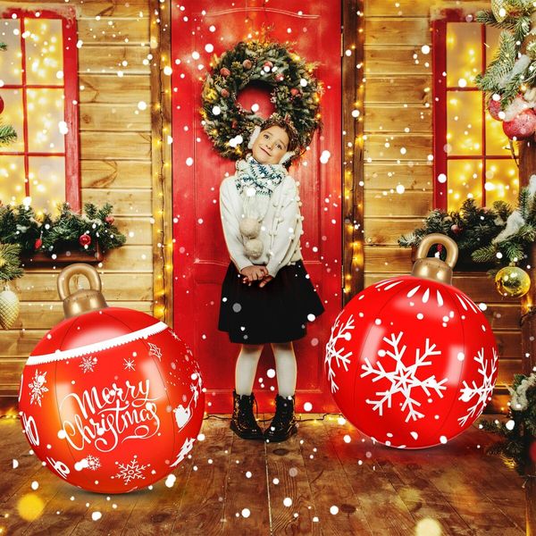 2x 60cm PVC Christmas Lighted Decorated Ball Giant  Inflatable Christmas Ball Large Xmas Blow Ball Decorations for Outside Holiday Yard Lawn Porch Decor