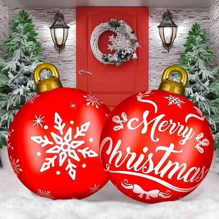 2x 60cm PVC Christmas Lighted Decorated Ball Giant  Inflatable Christmas Ball Large Xmas Blow Ball Decorations for Outside Holiday Yard Lawn Porch Decor