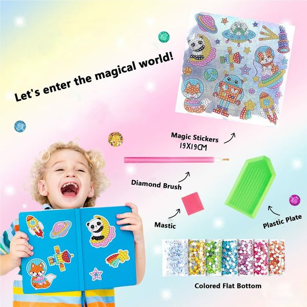 DIY Sparkle Gem  Children's Kids 6 Stickers Cartoon Diamond Painting,Fun Arts and Crafts Kits Magical  Art 19x19cm Garden